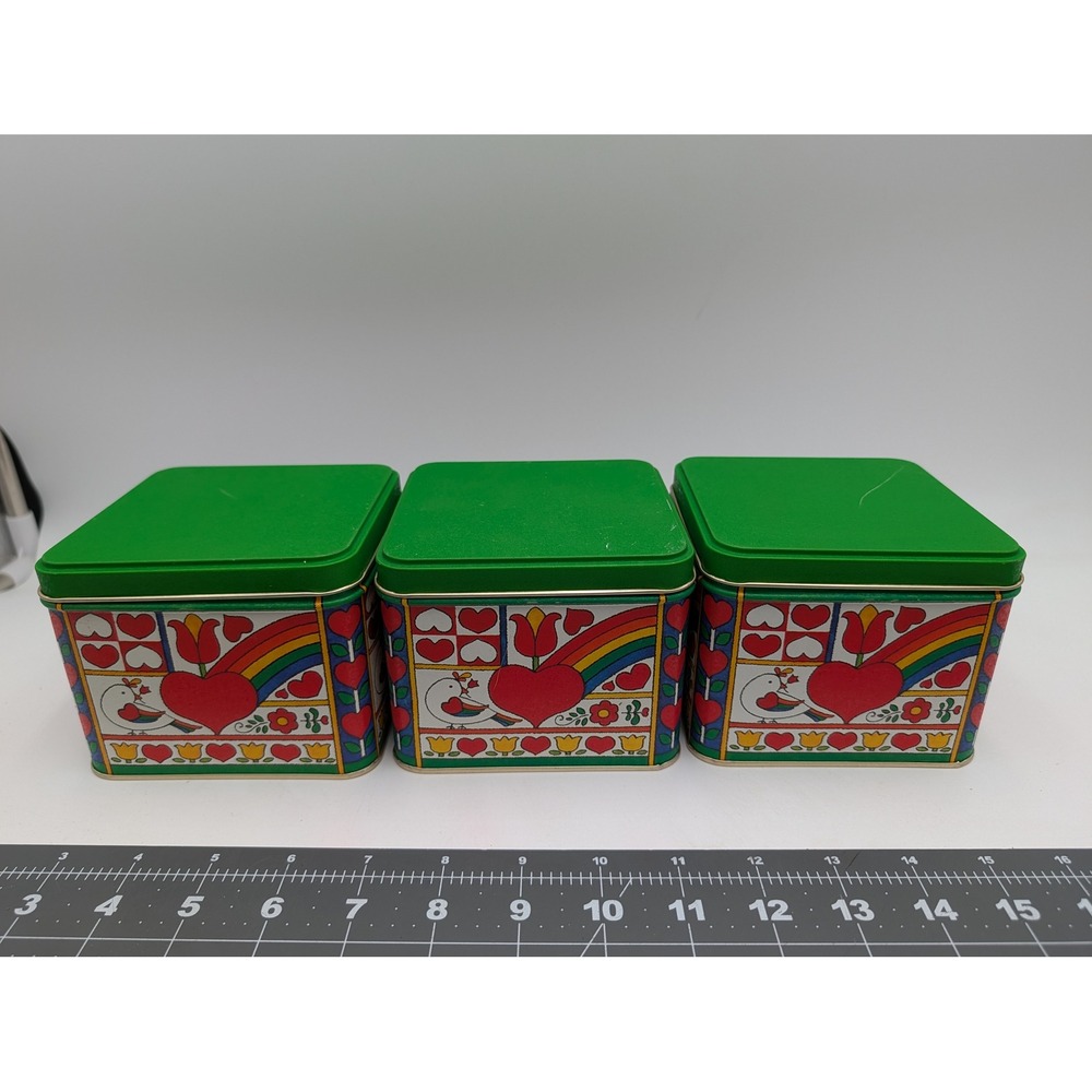 Potpourri Press Tin Canister Lot Green Hearts Rainbow Birds Tulips 3 Piece